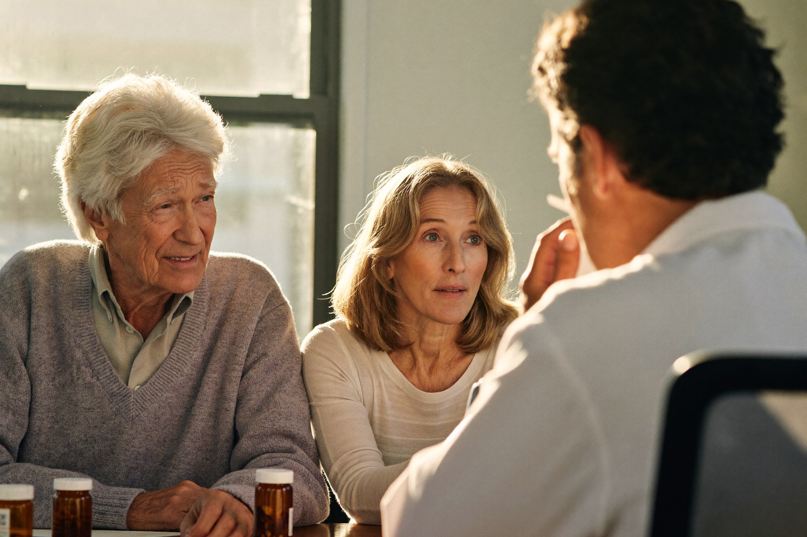 An older man and a woman talk with a physician across a table with medication bottles