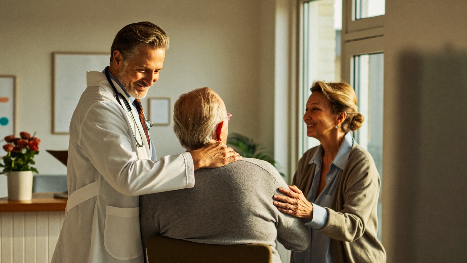 A physician warmly greets an elderly patient and his wife in the clinic reception